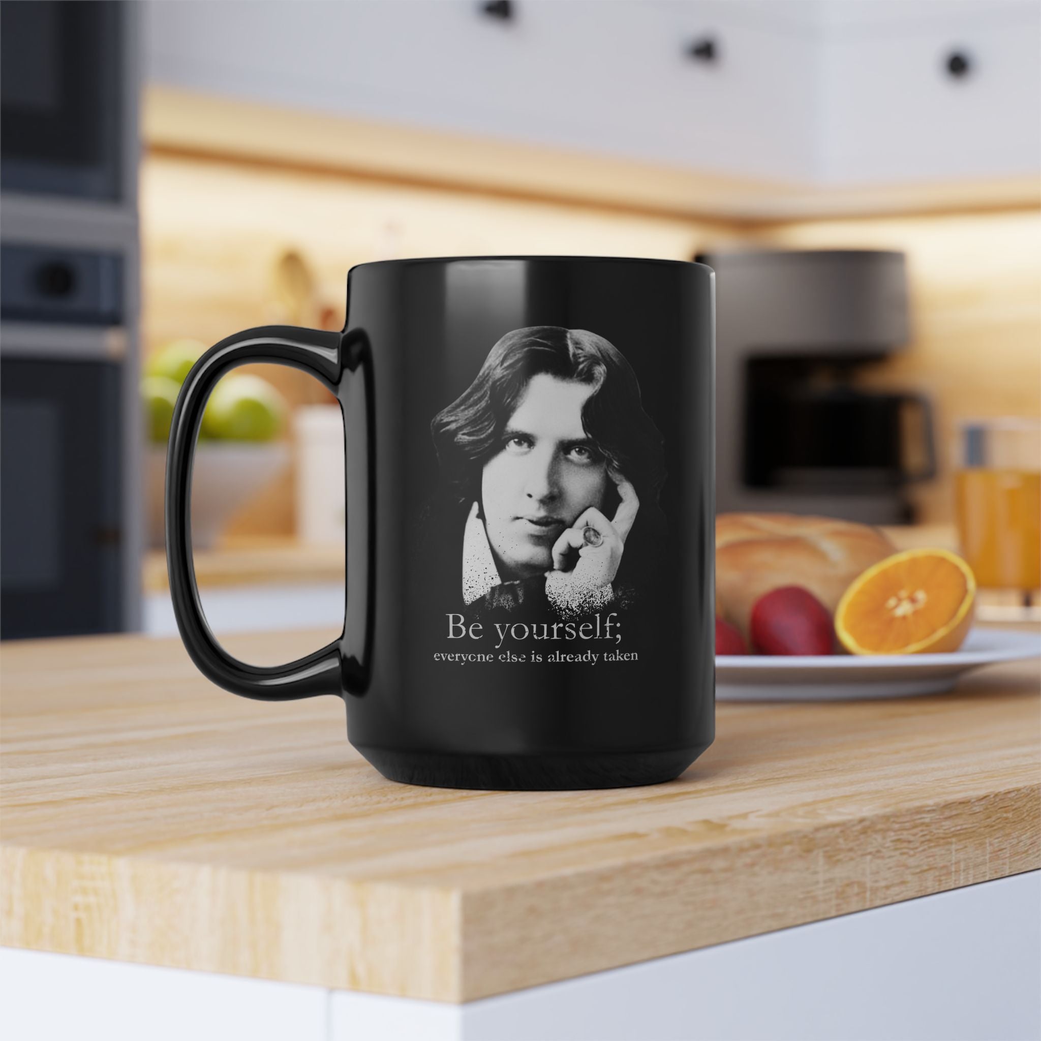 Oscar Wilde "Be Yourself" Black Mug — Literary Quote Coffee Cup (11oz/15oz)