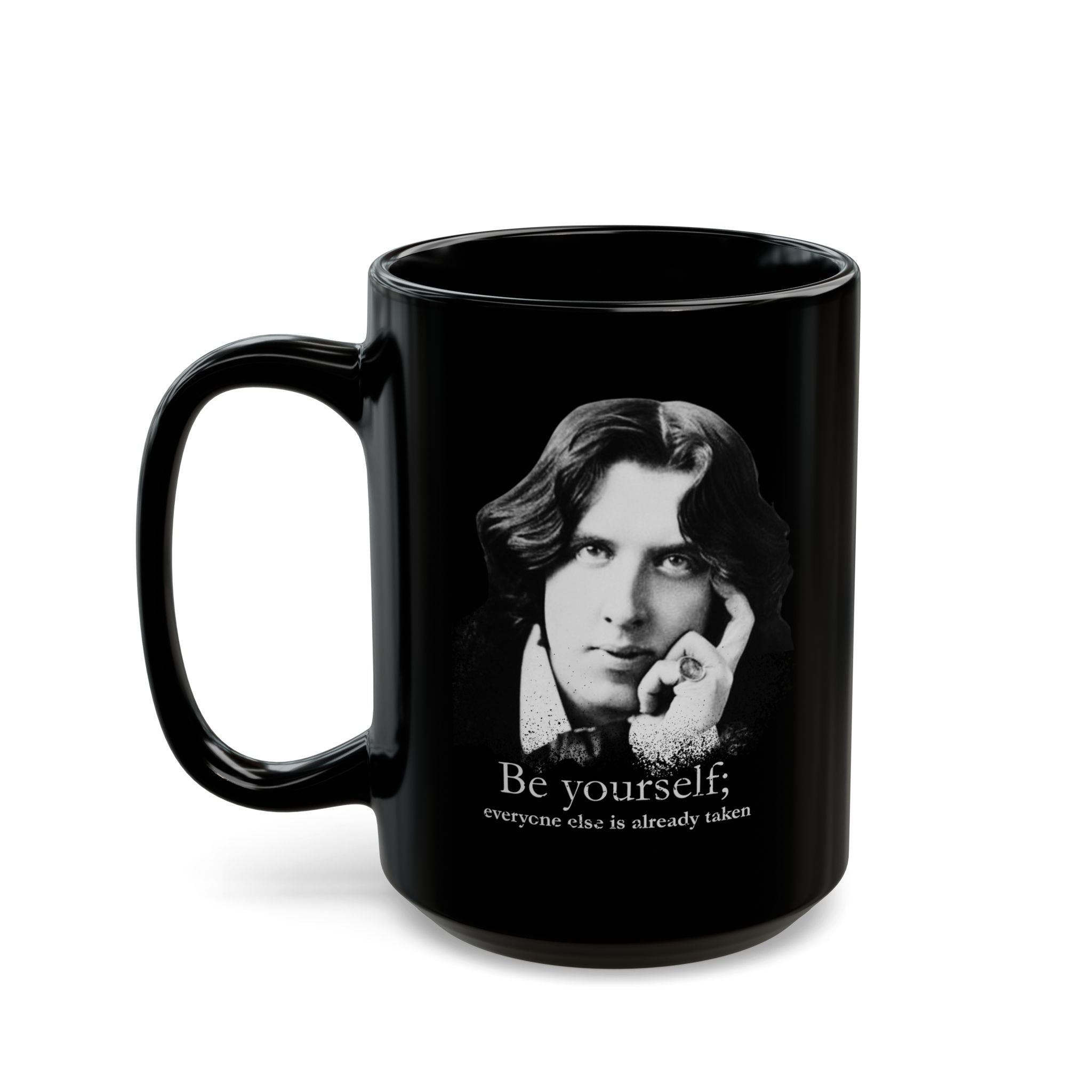 Oscar Wilde "Be Yourself" Black Mug — Literary Quote Coffee Cup (11oz/15oz)