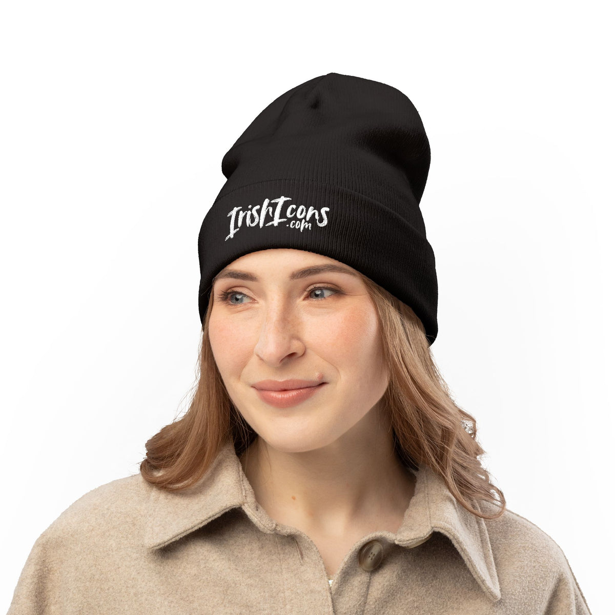 Embroidered 'IrishIcons.com' Knit Beanie — Warm Black Cuffed Hat